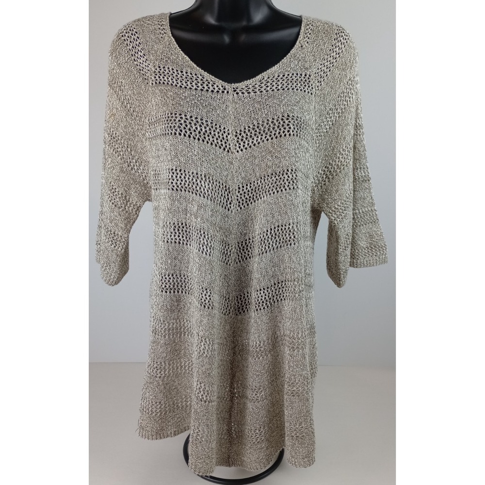 Falls Creek Women's L Taupe 3/4 Sleeve Open Weave Knit Sweater